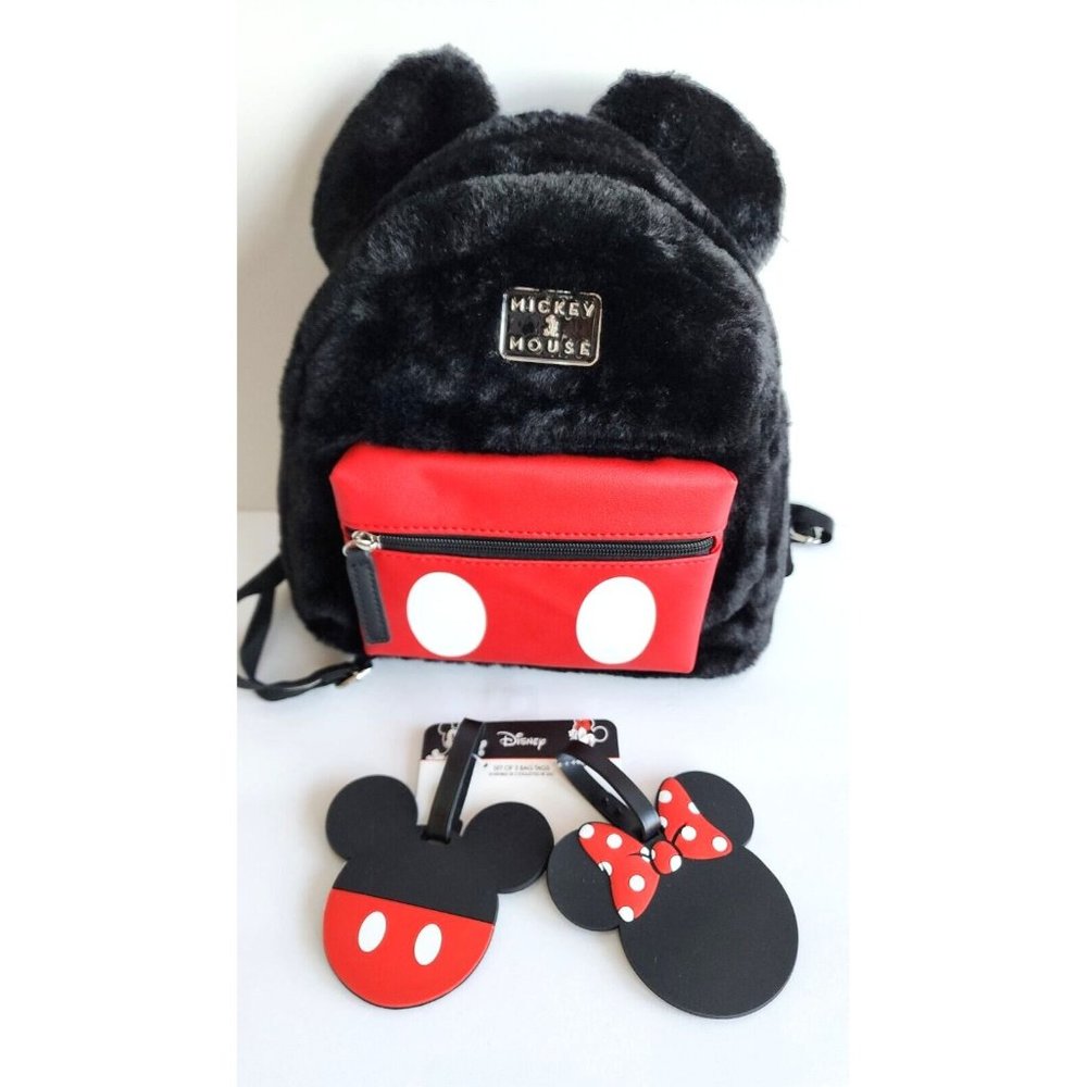 Mickey Mouse Disney Black Furry Backpack Red Front Pocket Ears & Luggage Tags